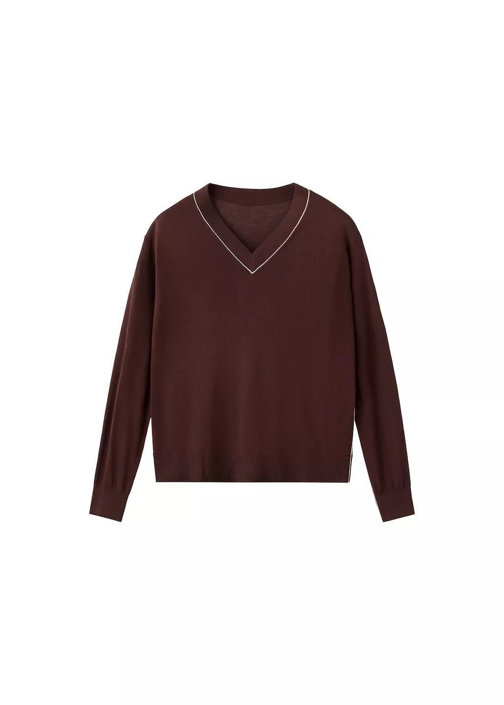 Brown V-Neck Sweater With Contrast Trim, Dark Brown, large image number 5