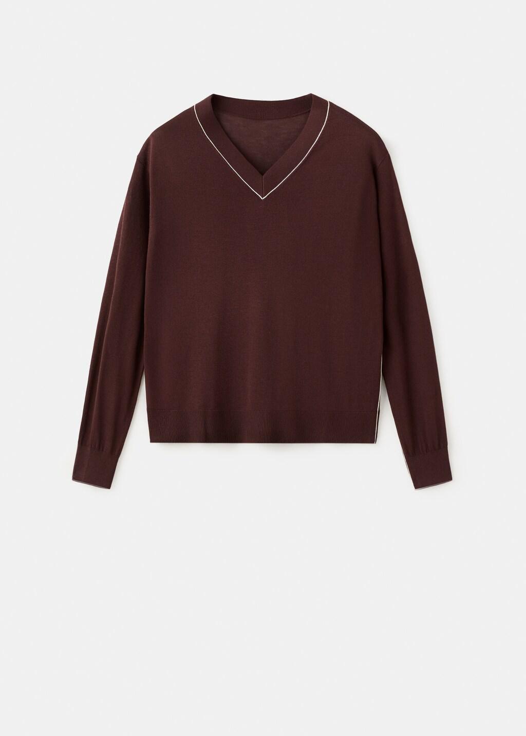 Brown V-Neck Sweater With Contrast Trim, Dark Brown, large image number 6