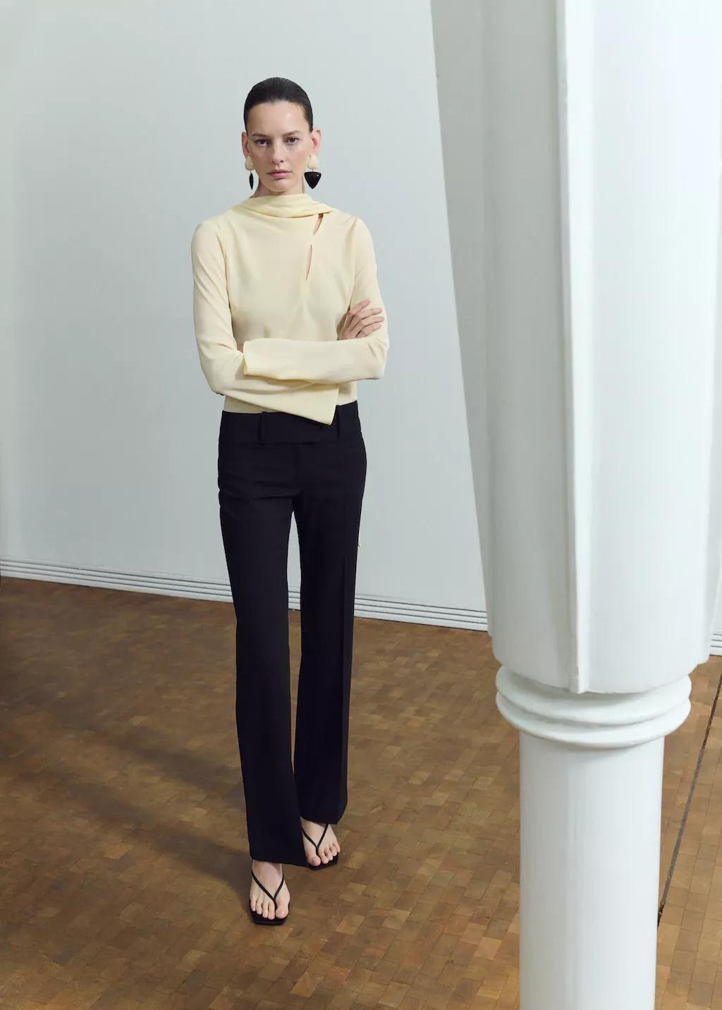 Beige Scarf Collar Blouse, Light Beige, large image number 0