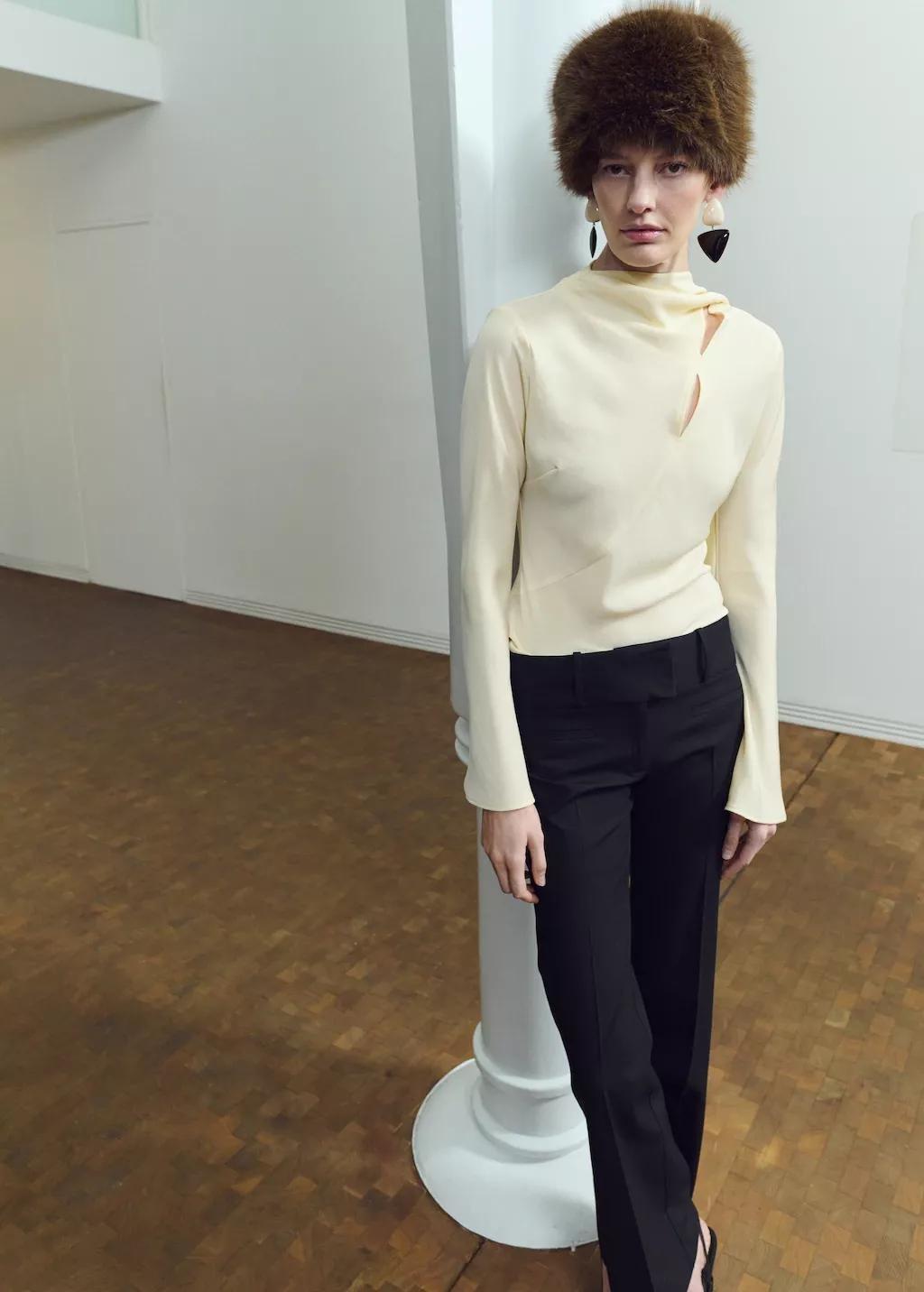 Beige Scarf Collar Blouse, Light Beige, large image number 4