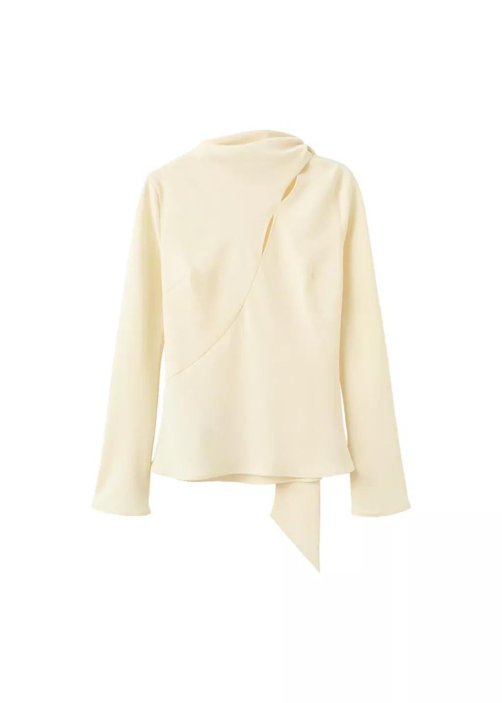 Beige Scarf Collar Blouse, Light Beige, large image number 6