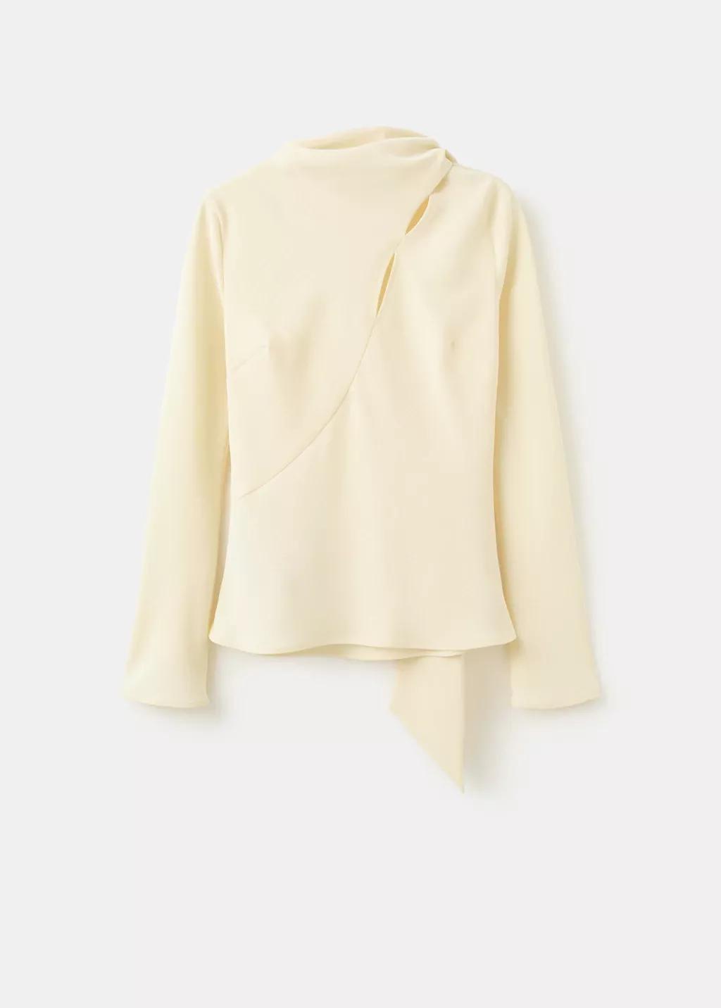 Beige Scarf Collar Blouse, Light Beige, large image number 7