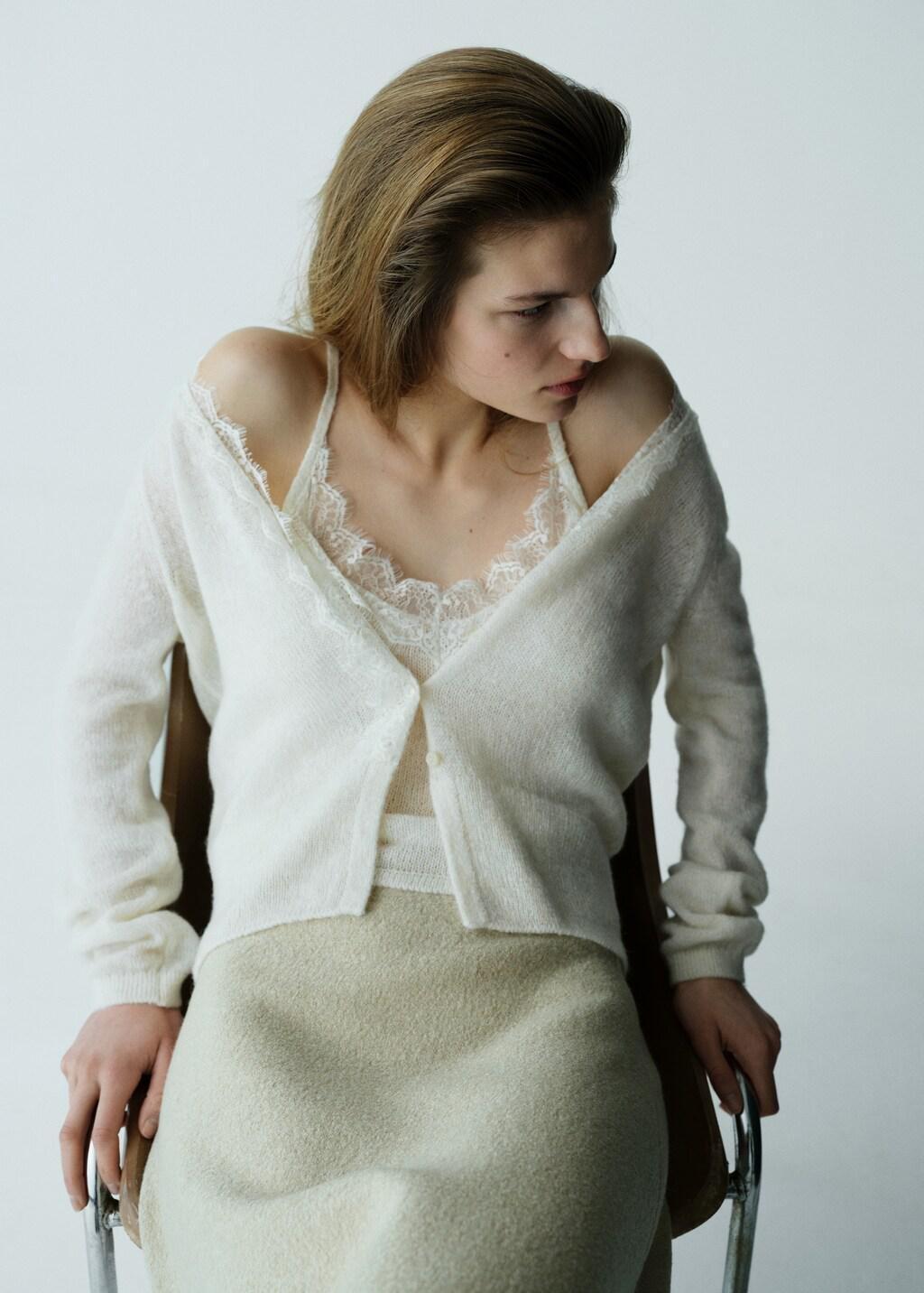 Beige Lace Knit Cardigan, Light Beige, large image number 3