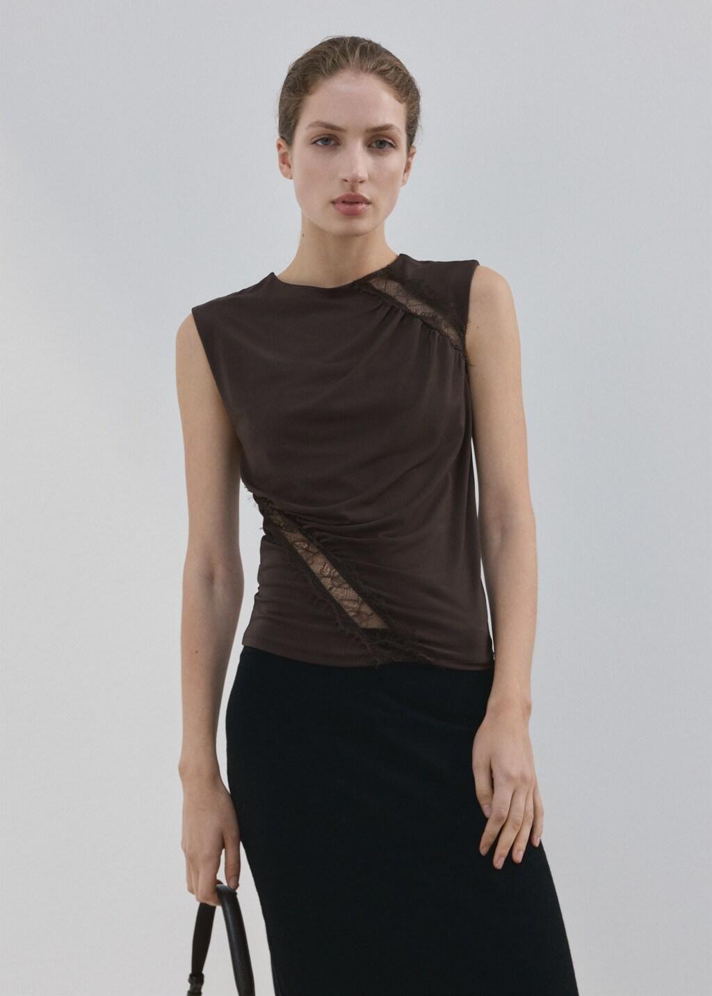 Brown Ruched Fitted Top, Brown, large image number 3