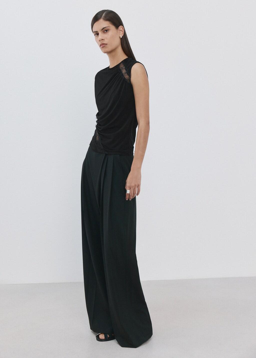 Black Ruched Fitted Top, Black, medium