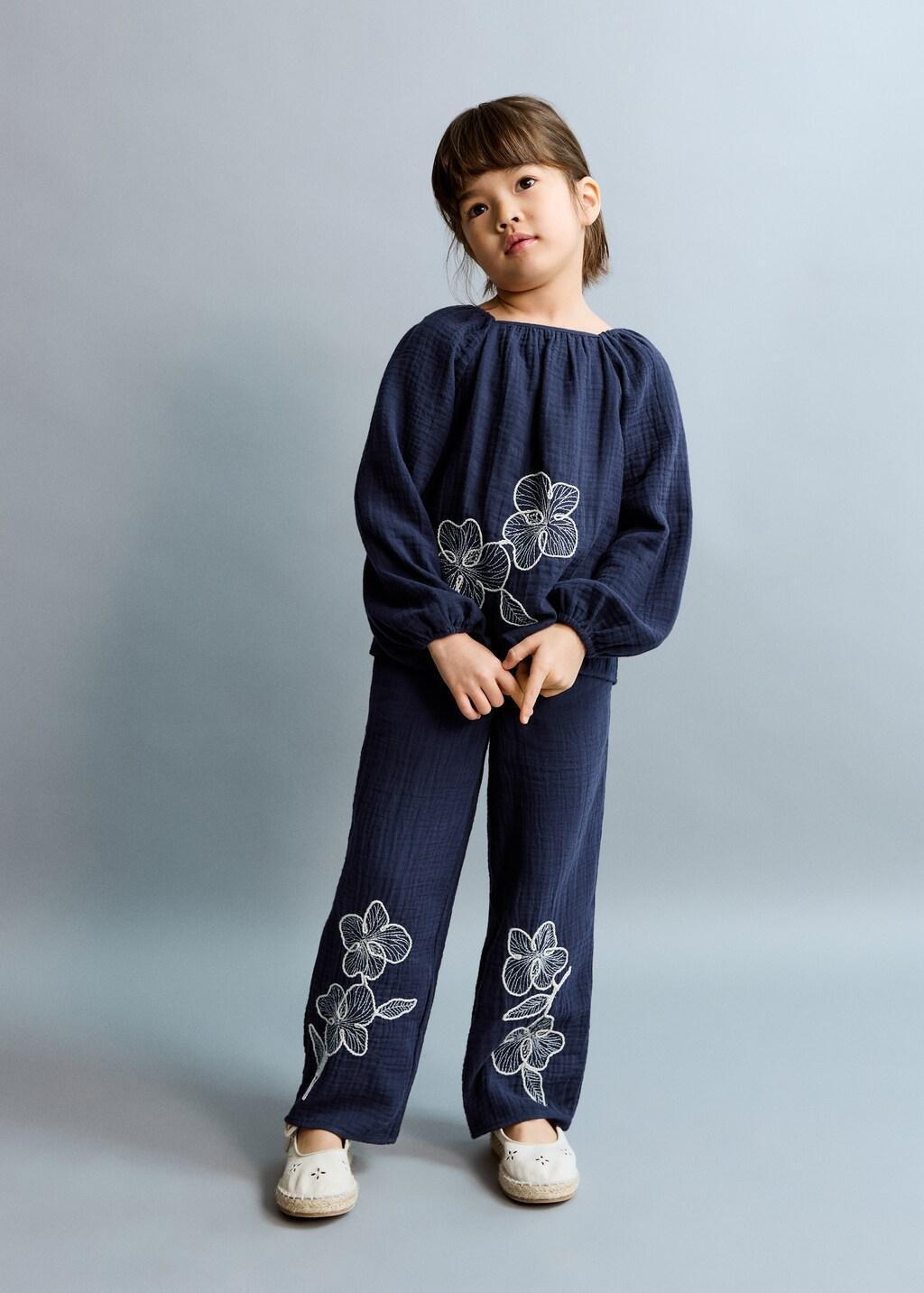 Navy Embroidered Floral Cotton Trousers, Baby Girl, Navy, large image number 0