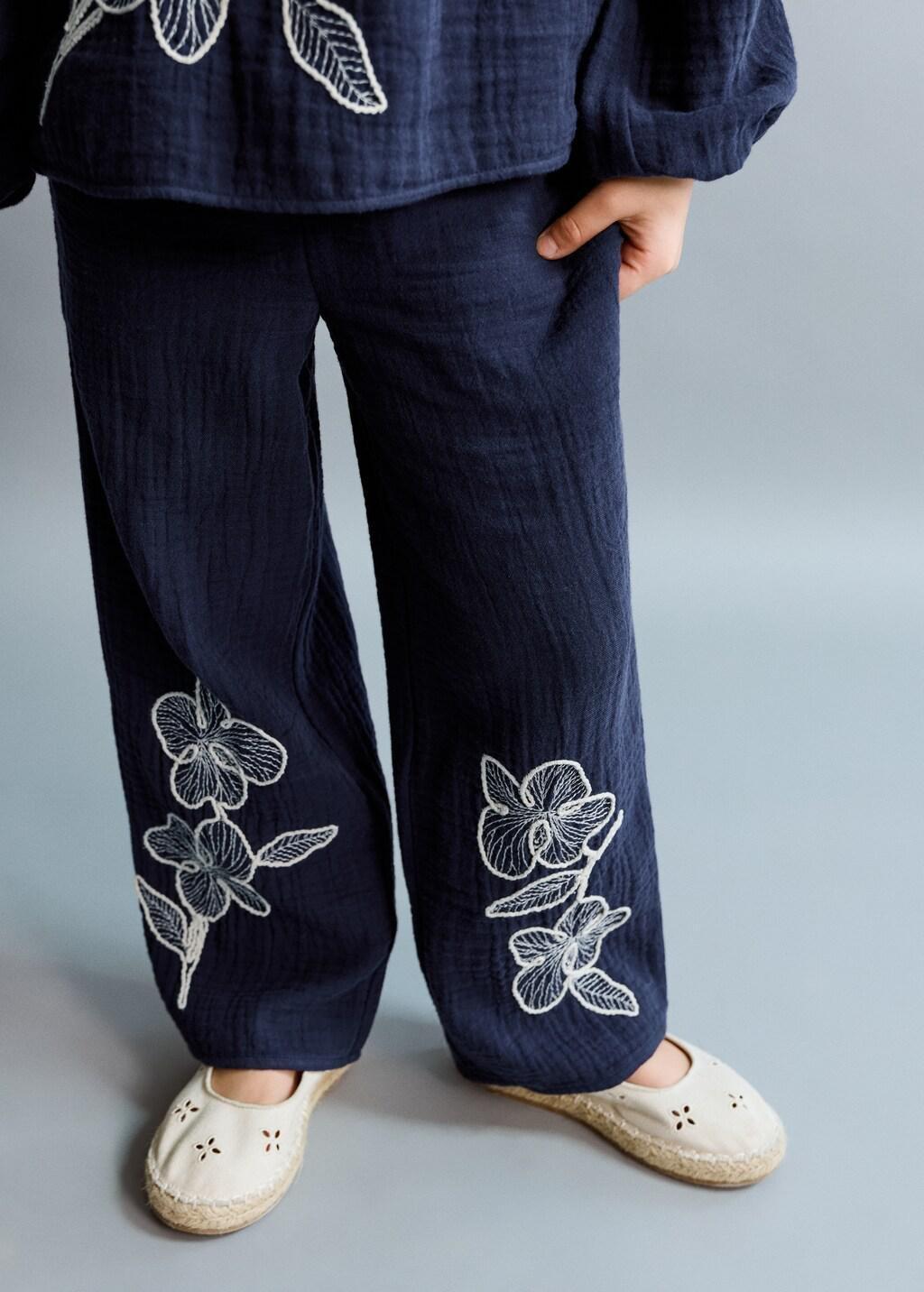 Navy Embroidered Floral Cotton Trousers, Baby Girl, Navy, large image number 3
