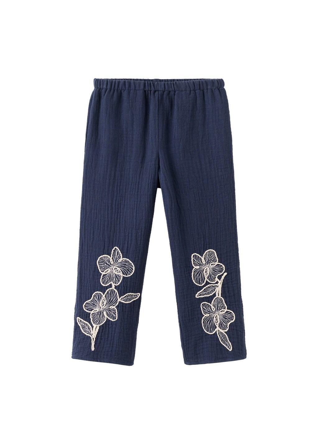 Navy Embroidered Floral Cotton Trousers, Baby Girl, Navy, large image number 5