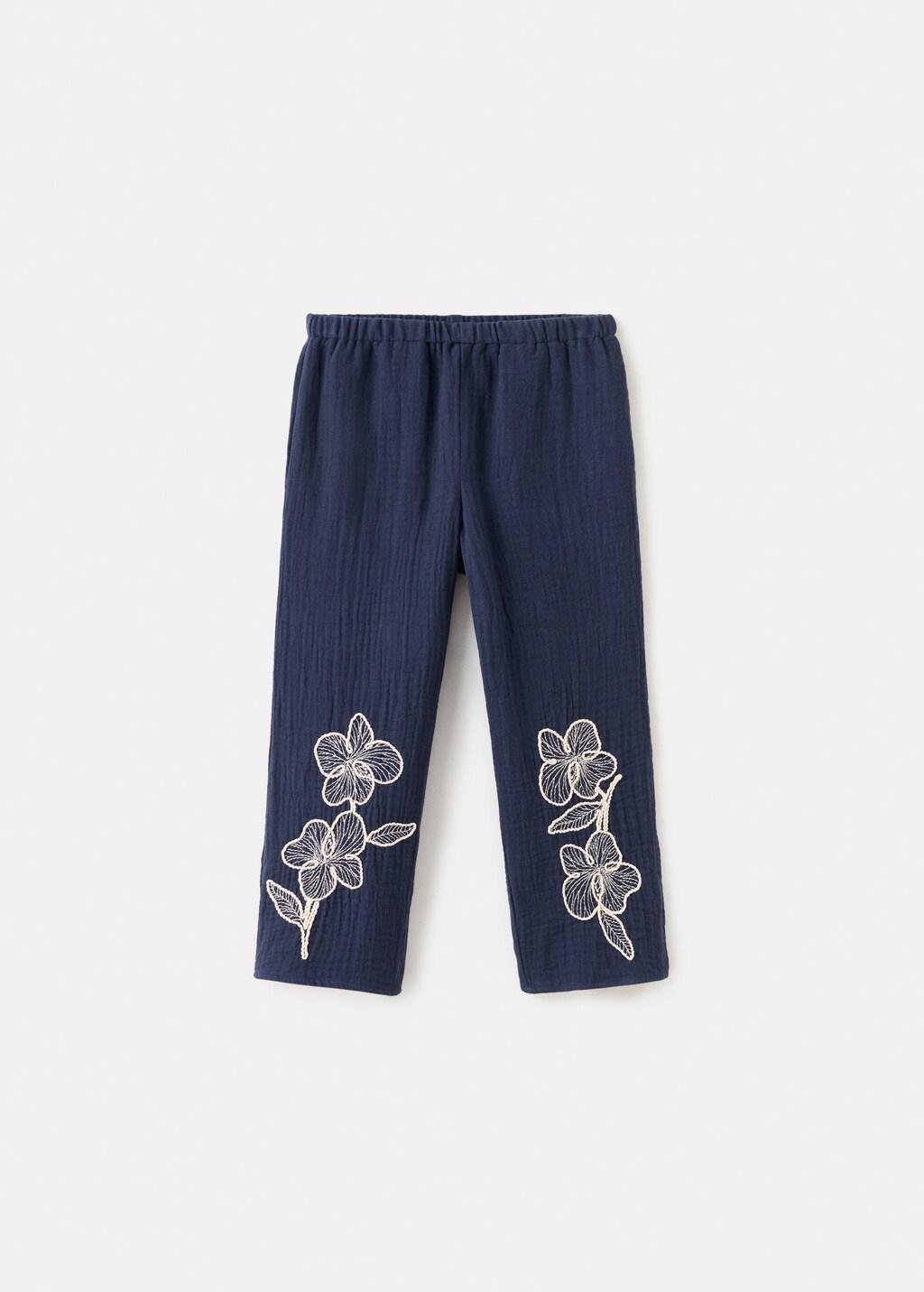 Navy Embroidered Floral Cotton Trousers, Baby Girl, Navy, large image number 6