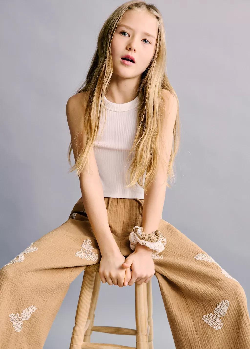 Yellow Textured Embroidered Pants, Kids Girls, Medium Yellow, large image number 3