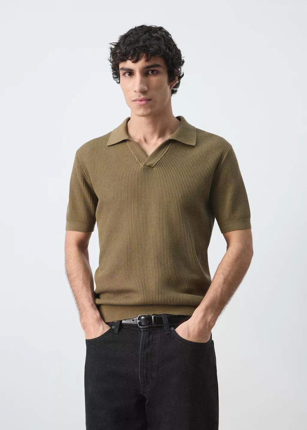 Khaki Cotton Knitted Polo Structure, Beige - Khaki, large image number 3