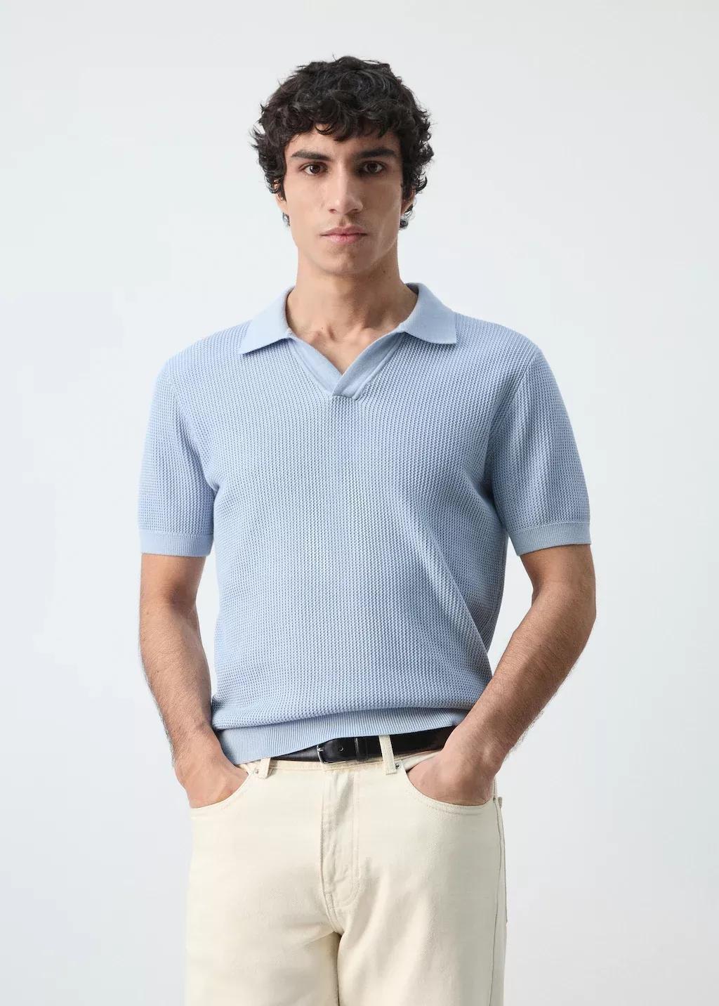 Blue Cotton Knitted Polo Structure, Light-Pastel Blue, large image number 3