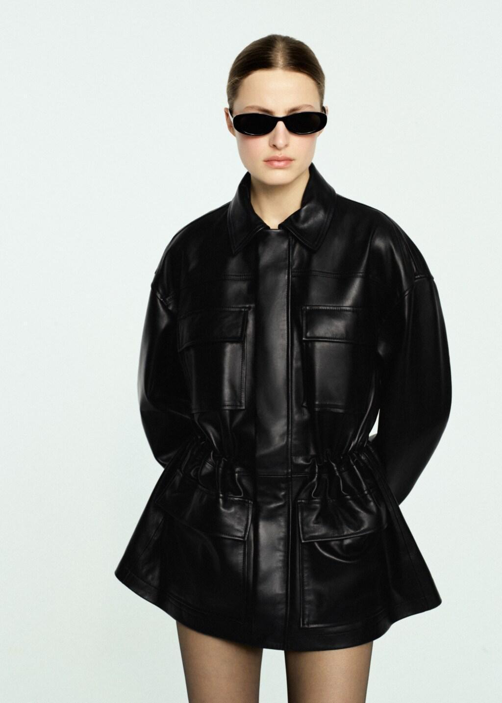Black Leather Parka With Cinched Waist, Black, large image number 3
