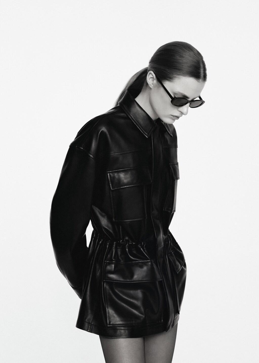 Black Leather Parka With Cinched Waist, Black, large image number 4