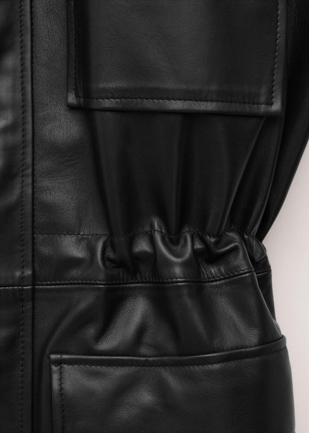 Black Leather Parka With Cinched Waist, Black, large image number 5