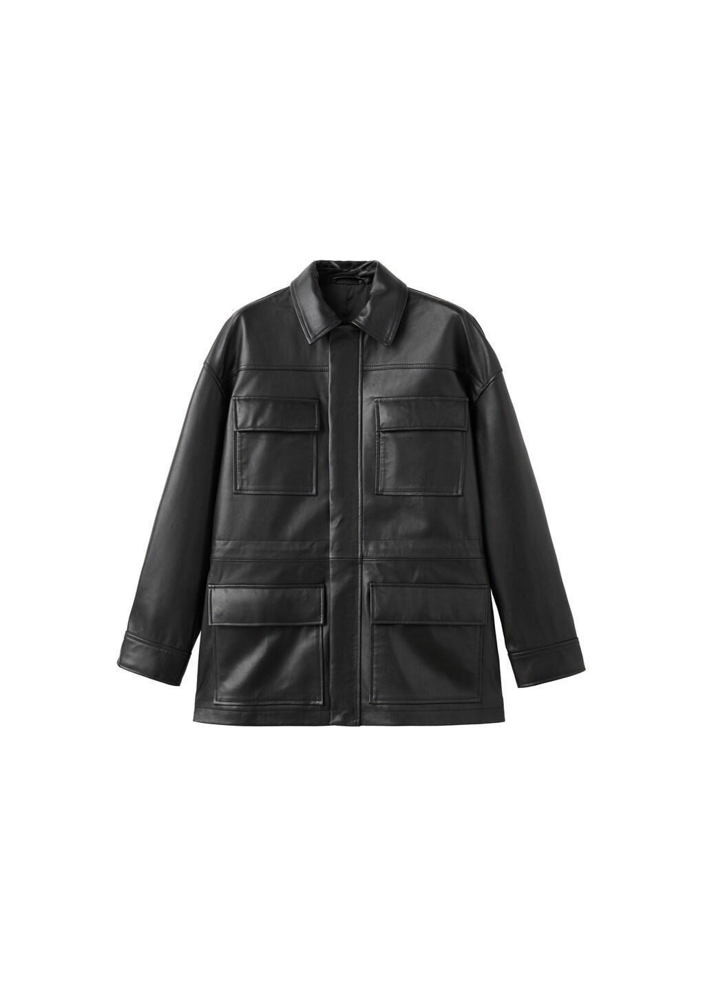 Black Leather Parka With Cinched Waist, Black, large image number 6