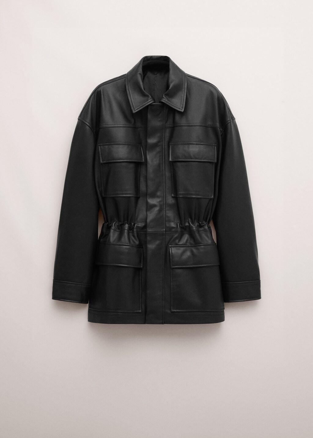 Black Leather Parka With Cinched Waist, Black, large image number 7