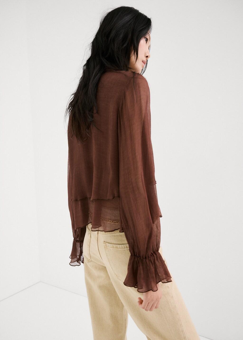 Brown High-Neck Frilled Blouse, Brown, large image number 2