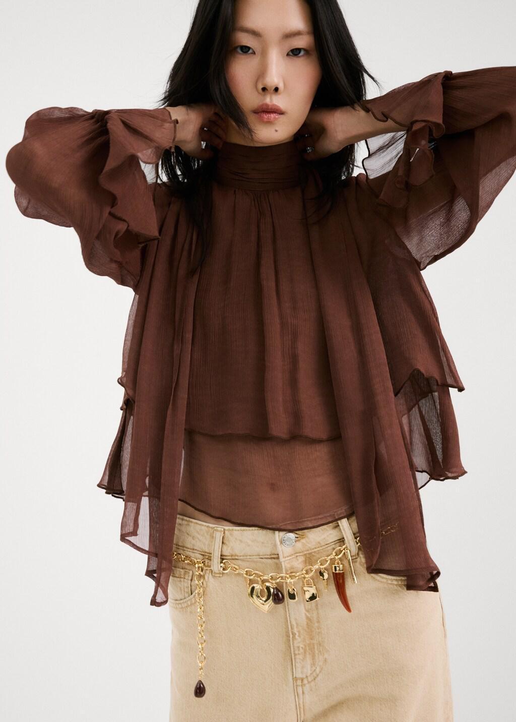 Brown High-Neck Frilled Blouse, Brown, large image number 3