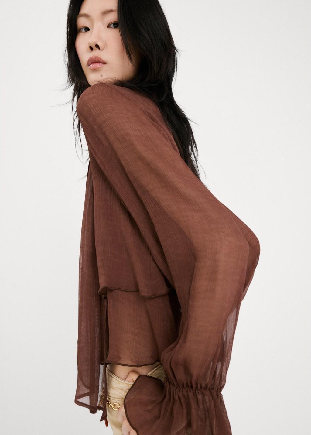 Brown High-Neck Frilled Blouse, Brown, large image number 4