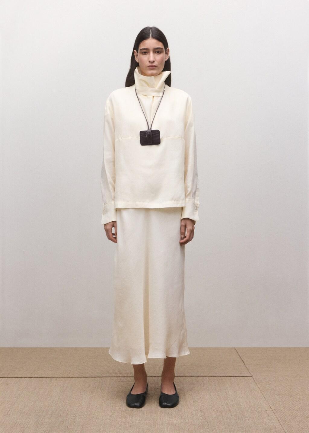 Beige Lyocell Funnel Neck Shirt, Light Beige, large image number 0