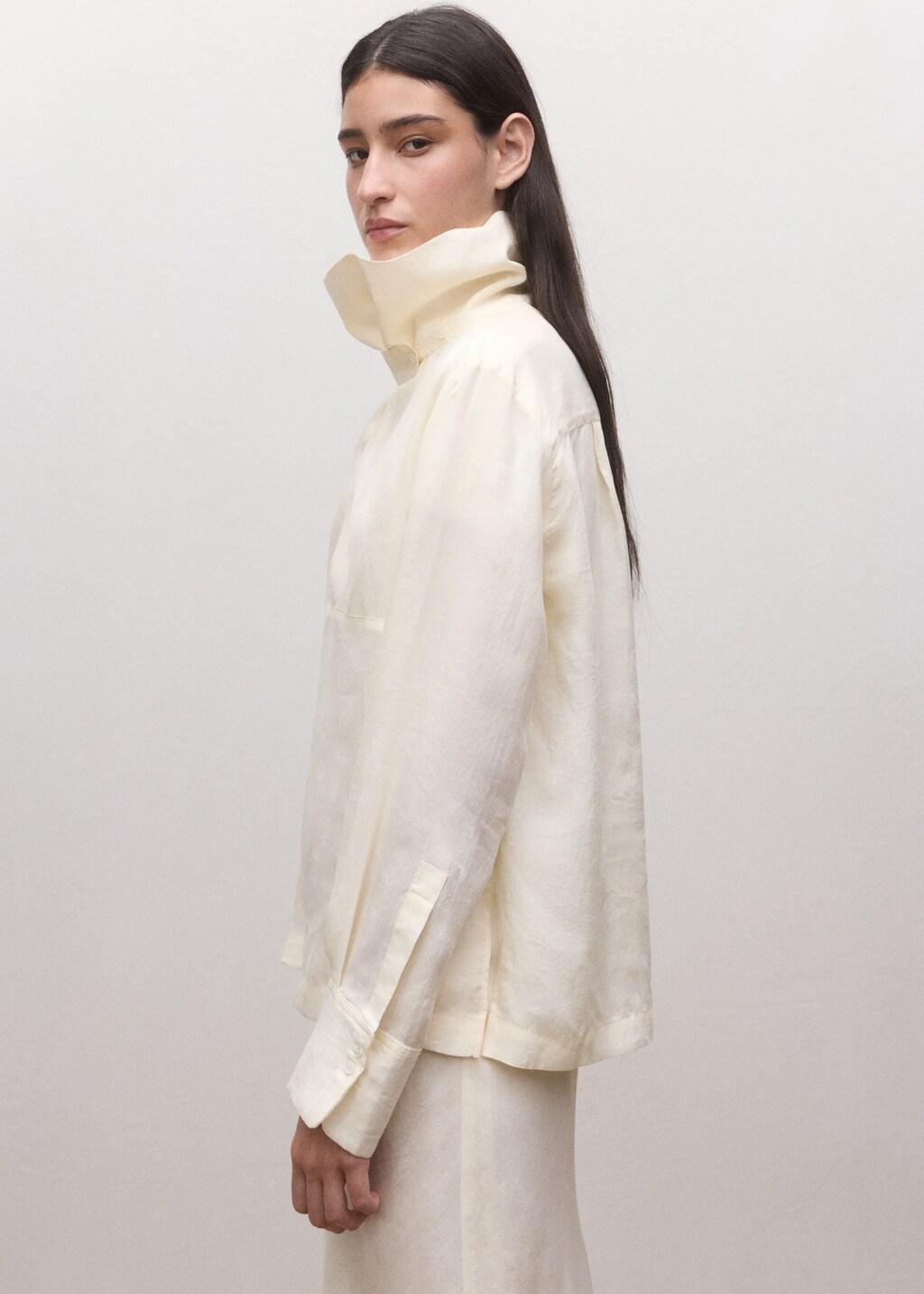 Beige Lyocell Funnel Neck Shirt, Light Beige, large image number 3