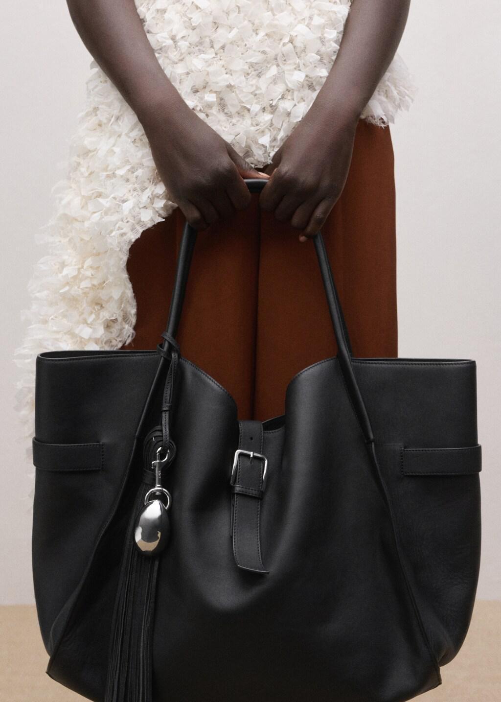 Black 100% Leather Fringe Keyring, Black, large image number 0