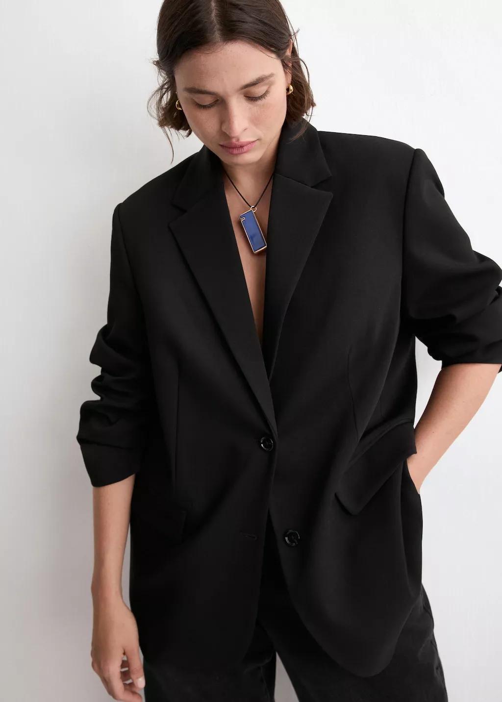 Black Straight Jacket With Flap Pockets, Black, large image number 6