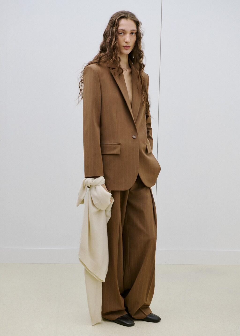 Brown Pinstripe Suit Blazer, Dark Brown, large image number 0