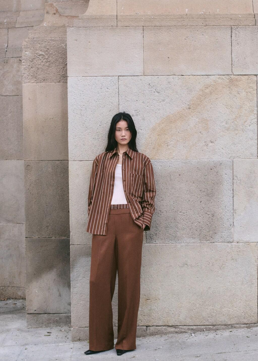 Brown Lyocell Trousers With A Combined Waistband And Stripes, Brown, medium