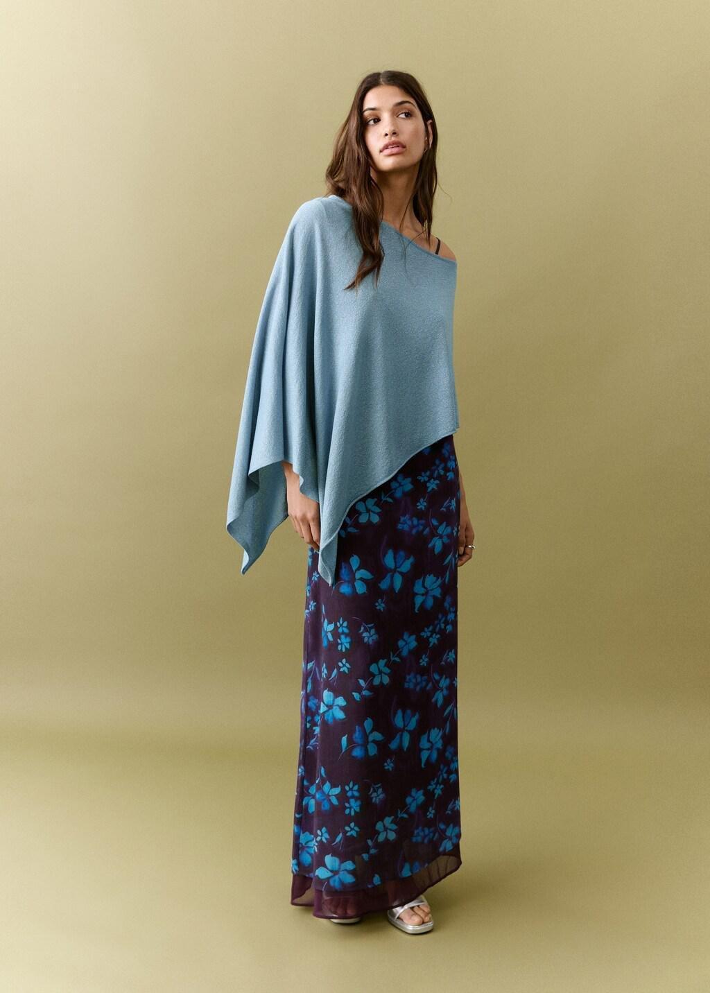 Blue Asymmetrical Knitted Cape, Kids Girl, 0201_52, large image number 0