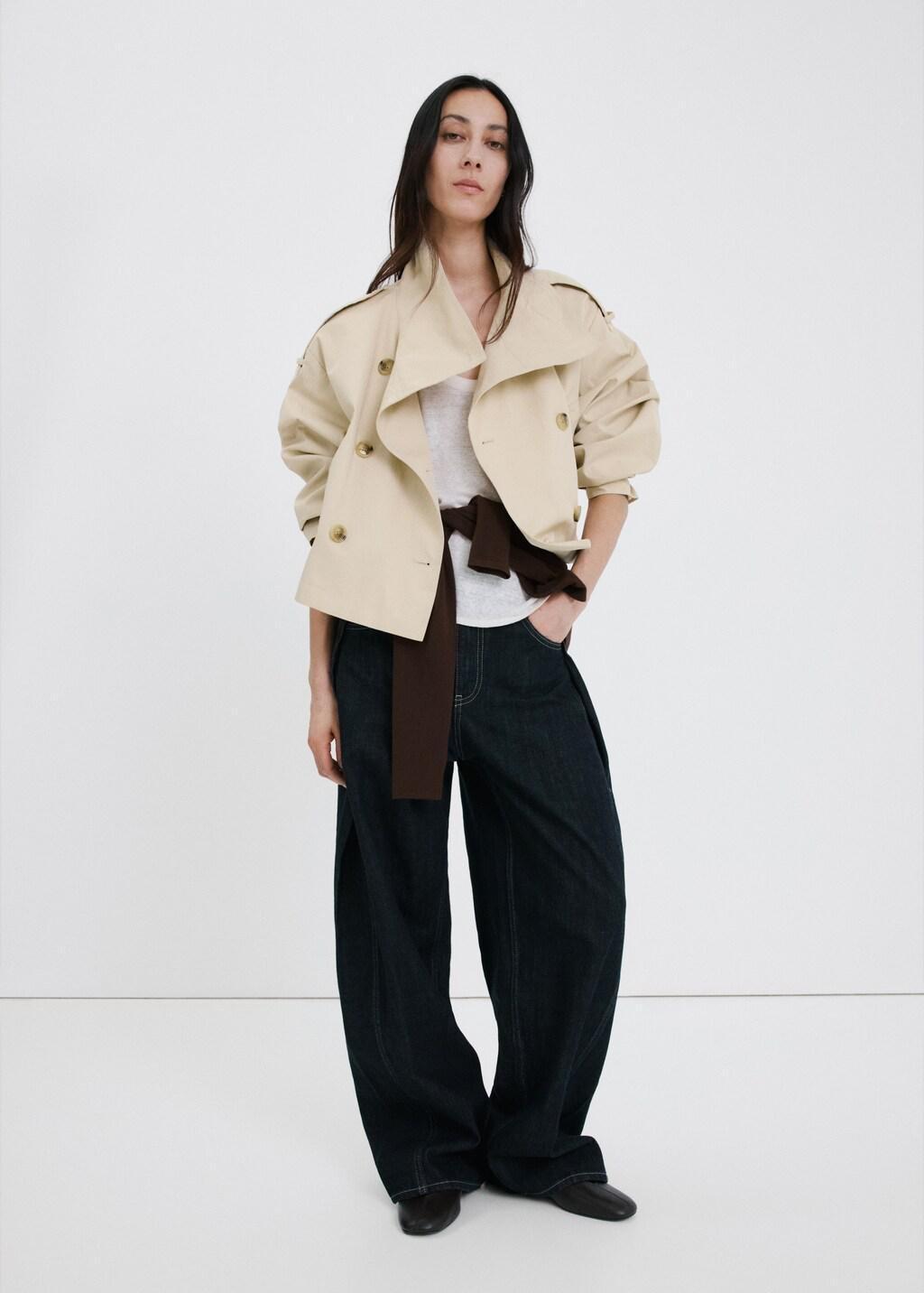 Beige Double-Breasted Cropped Trench Coat, Light Beige, large image number 0
