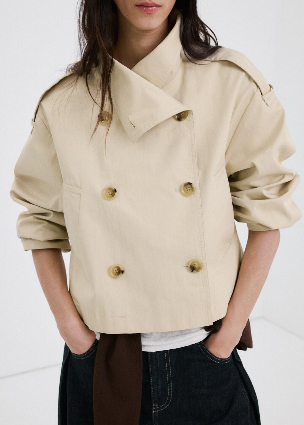 Beige Double-Breasted Cropped Trench Coat, Light Beige, large image number 3