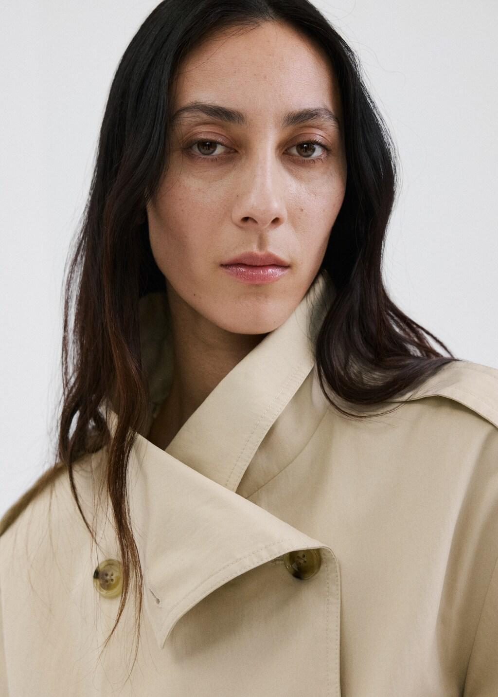 Beige Double-Breasted Cropped Trench Coat, Light Beige, large image number 4