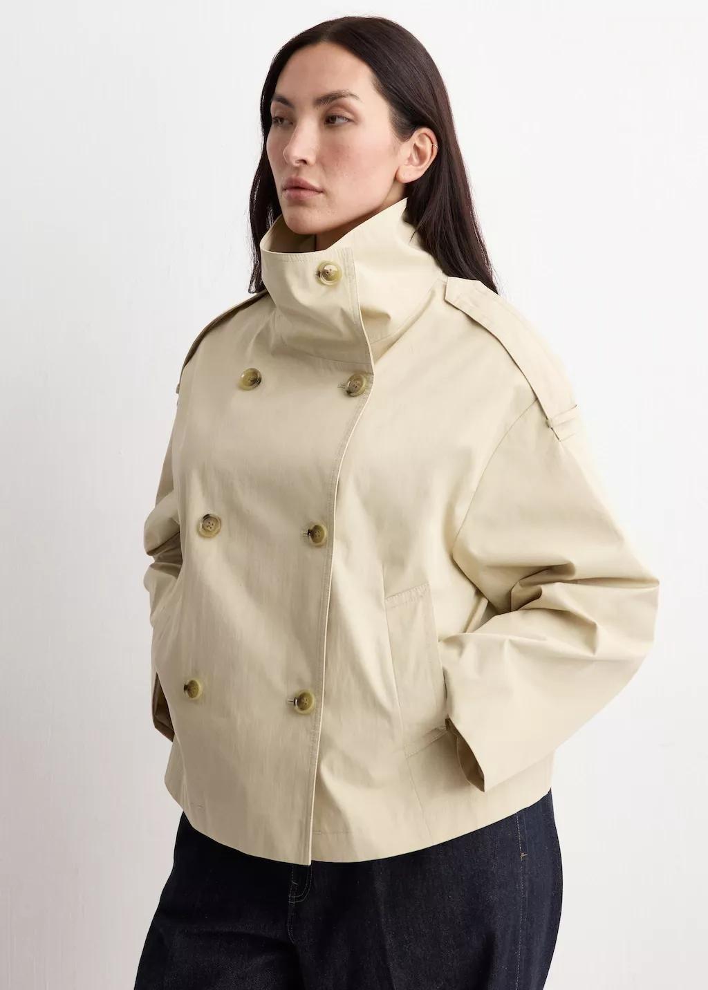 Beige Double-Breasted Cropped Trench Coat, Light Beige, large image number 6