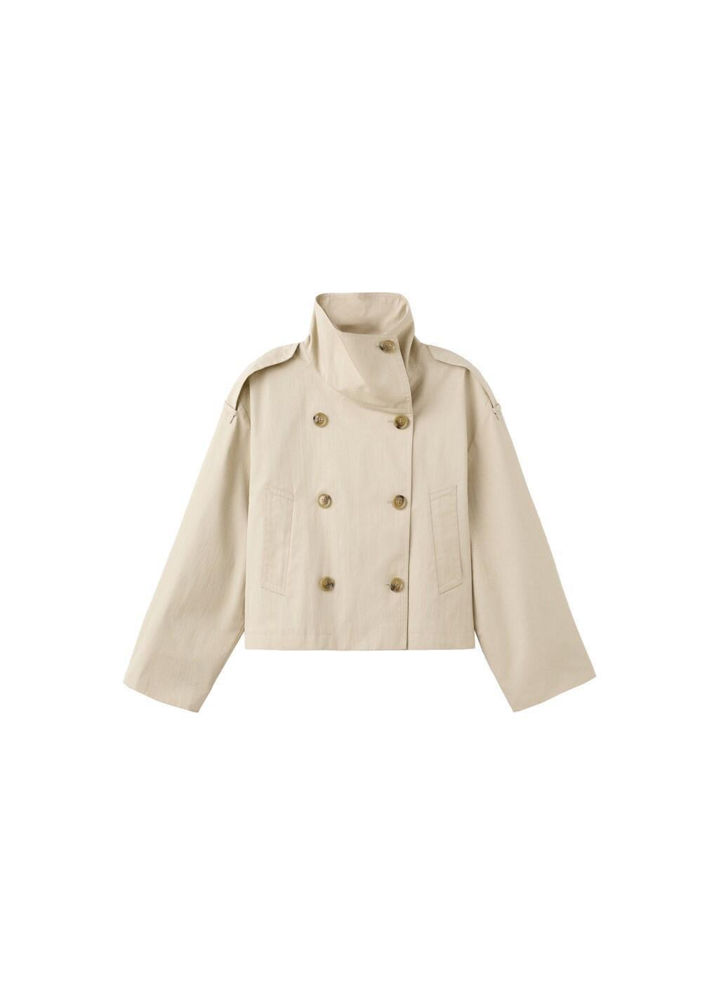 Beige Double-Breasted Cropped Trench Coat, Light Beige, large image number 7