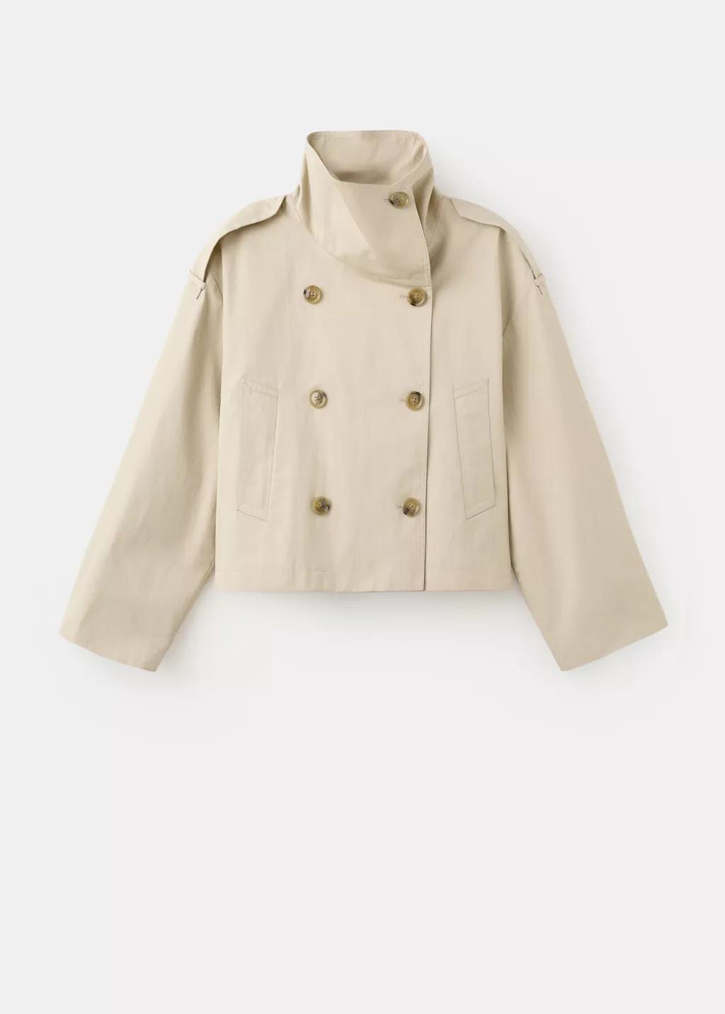 Beige Double-Breasted Cropped Trench Coat, Light Beige, large image number 8