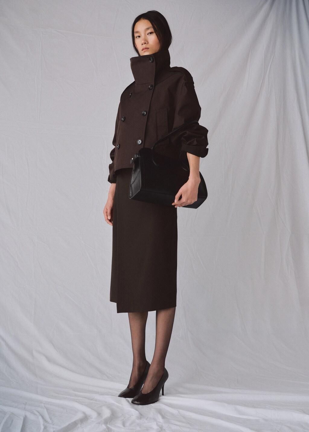 Brown Double-Breasted Cropped Trench Coat, Dark Brown, large image number 0