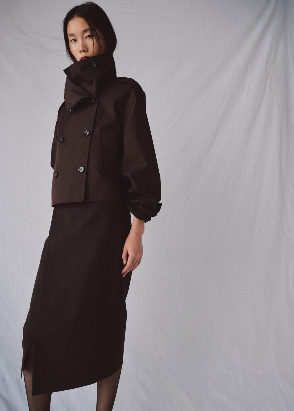 Brown Double-Breasted Cropped Trench Coat, Dark Brown, large image number 3