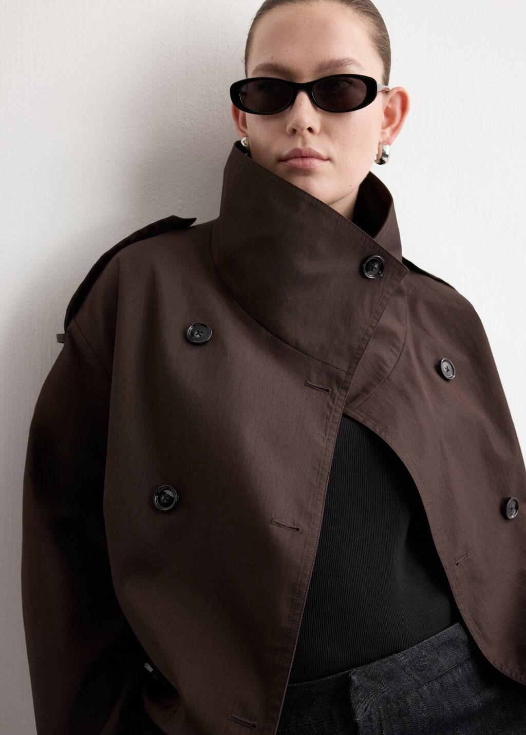 Brown Double-Breasted Cropped Trench Coat, Dark Brown, large image number 5