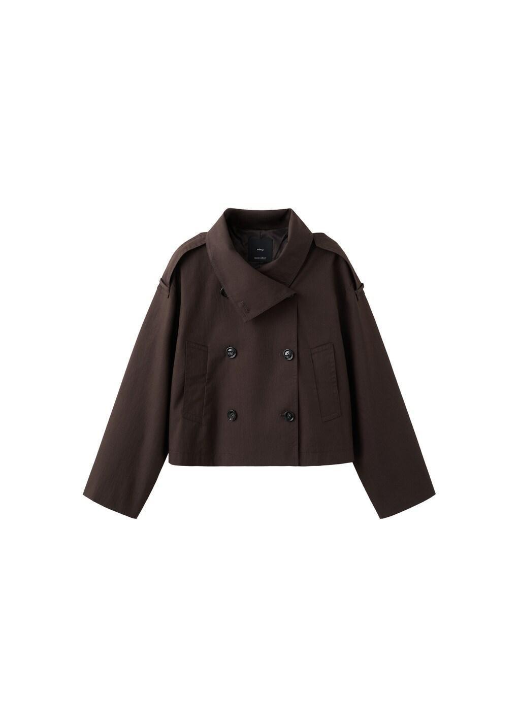 Brown Double-Breasted Cropped Trench Coat, Dark Brown, large image number 7