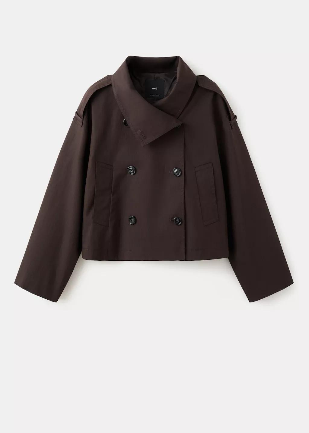 Brown Double-Breasted Cropped Trench Coat, Dark Brown, large image number 8