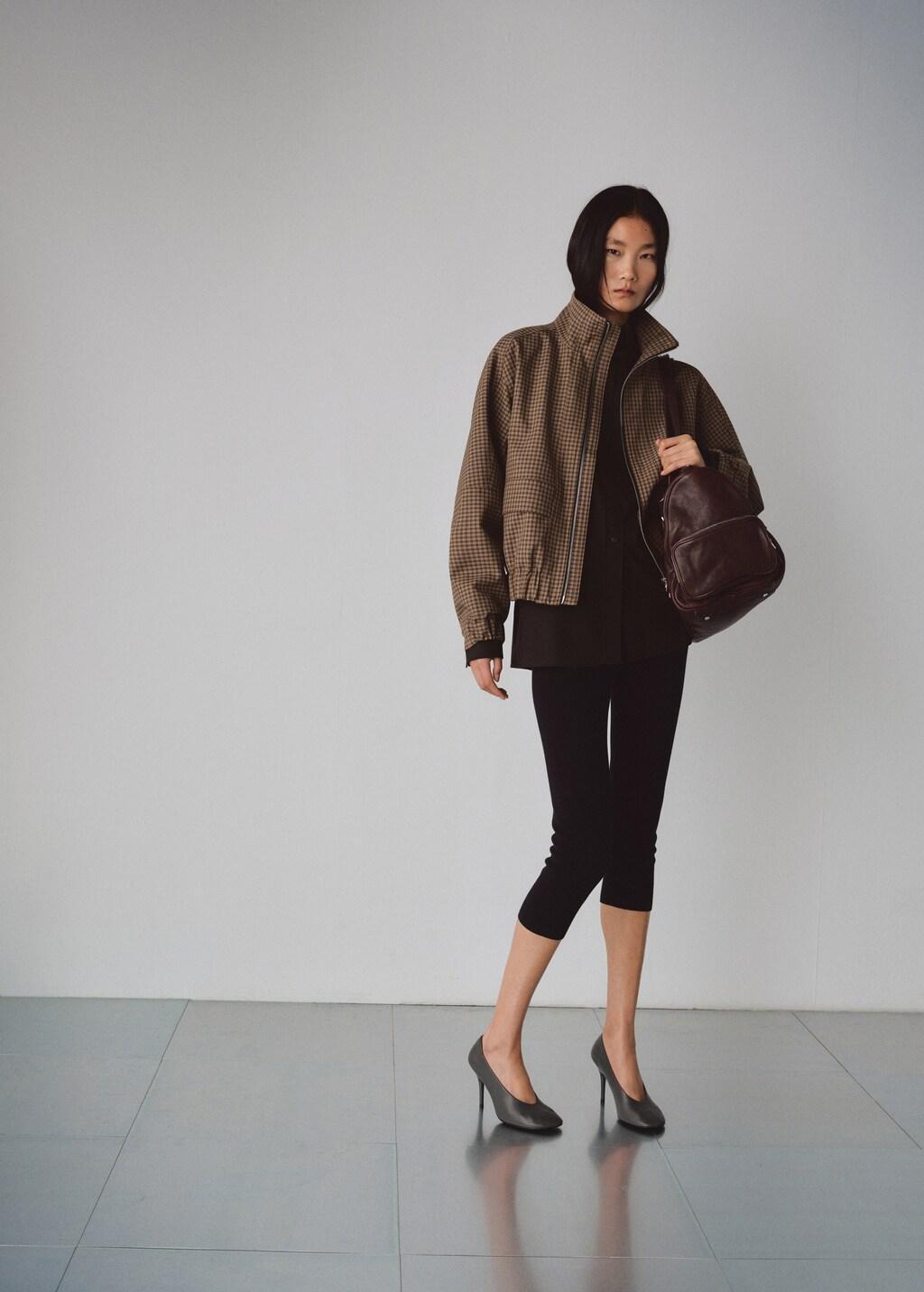 Brown Houndstooth High-Collar Jacket, Brown, large