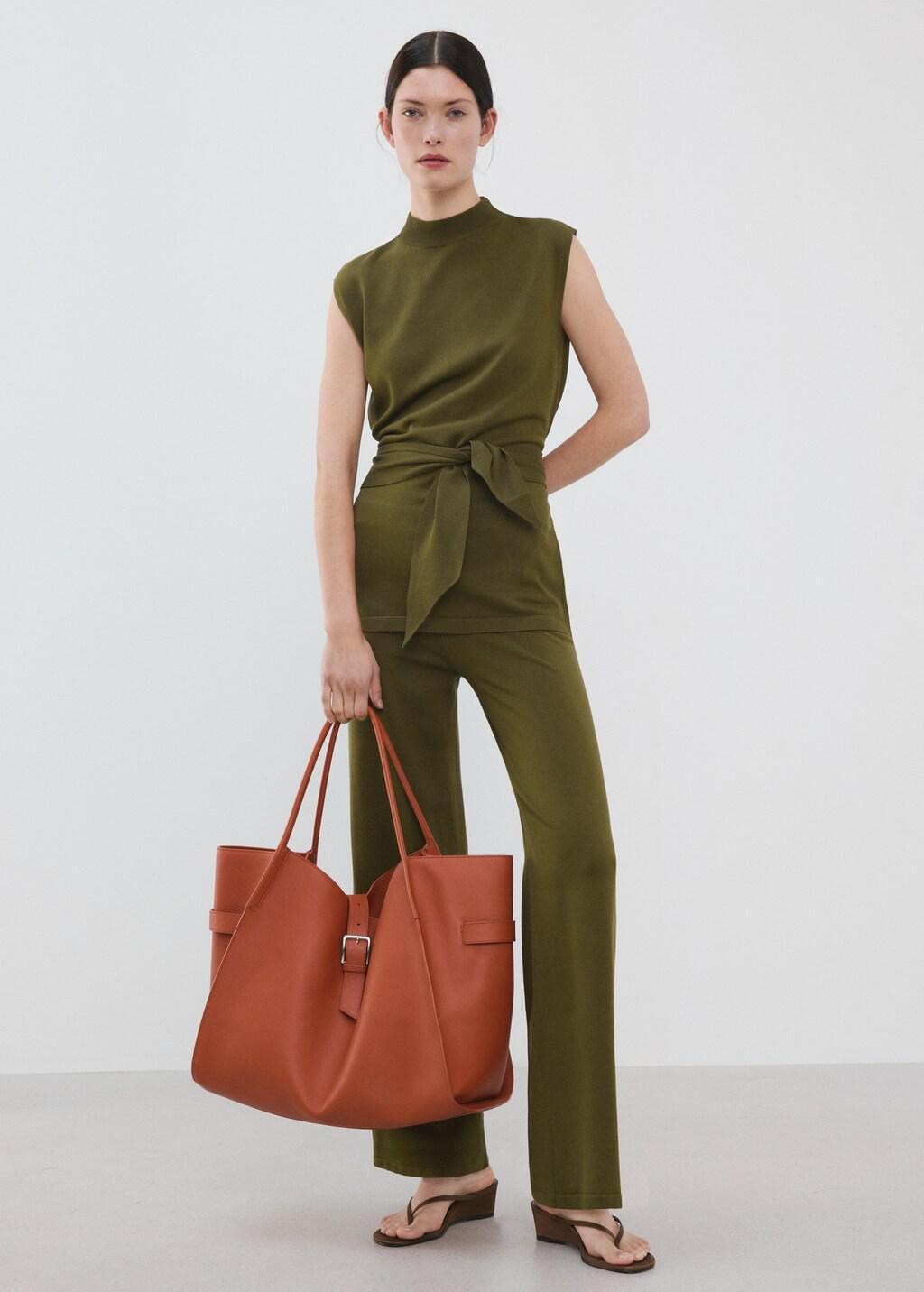 Khaki Belted Knitted Waistcoat, Beige - Khaki, medium