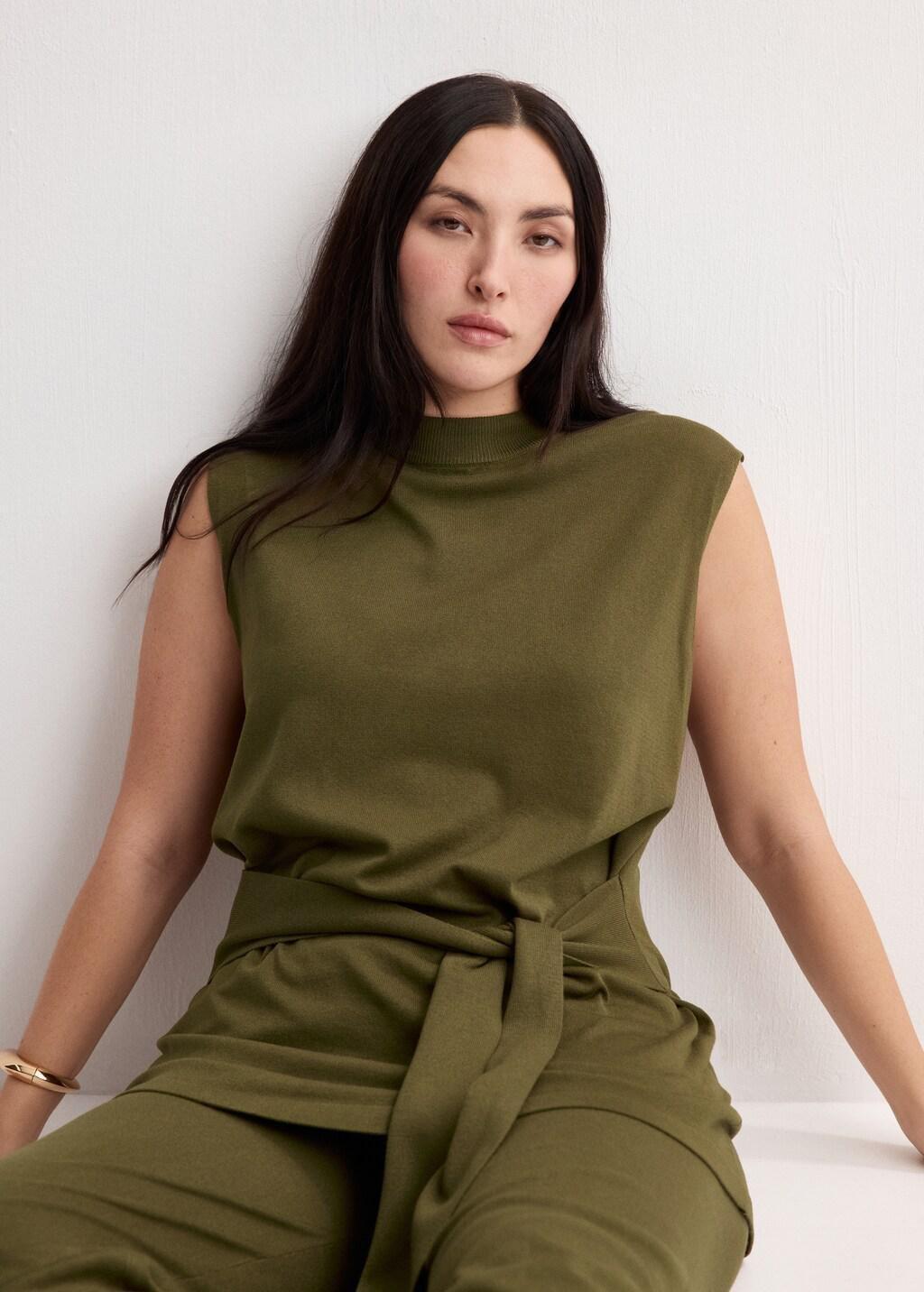 Khaki Belted Knitted Waistcoat, Beige - Khaki, large image number 6