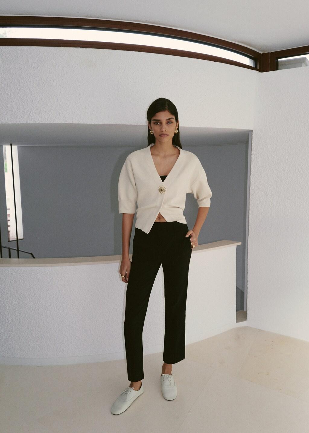 Beige Knitted Cardigan With Jewel Button, Light Beige, large image number 0