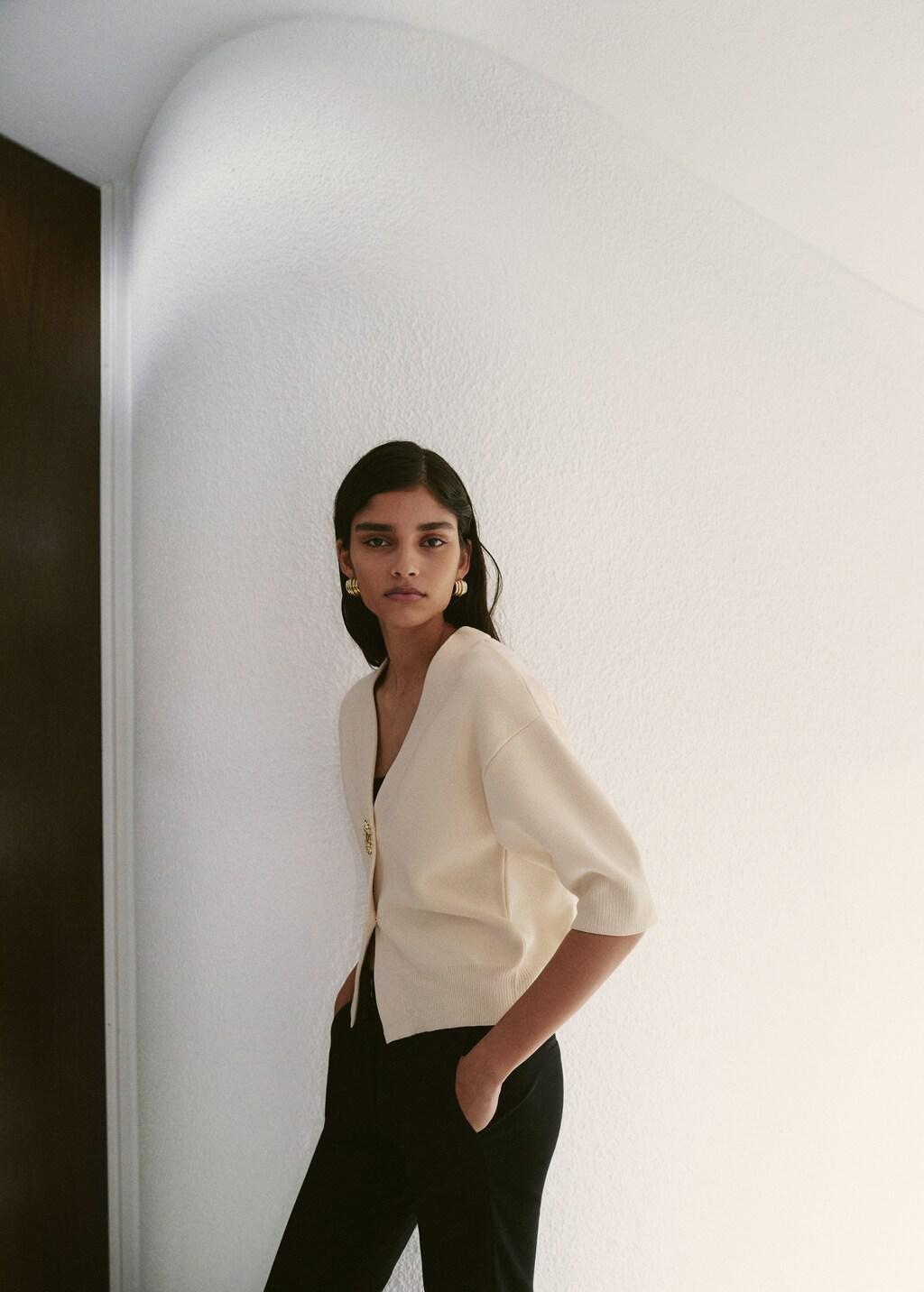 Beige Knitted Cardigan With Jewel Button, Light Beige, large image number 3