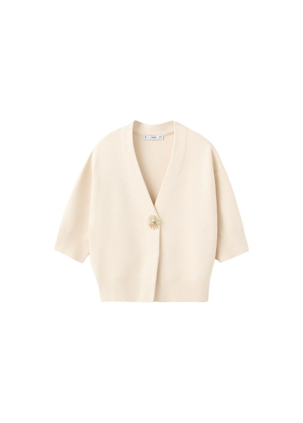 Beige Knitted Cardigan With Jewel Button, Light Beige, large image number 5