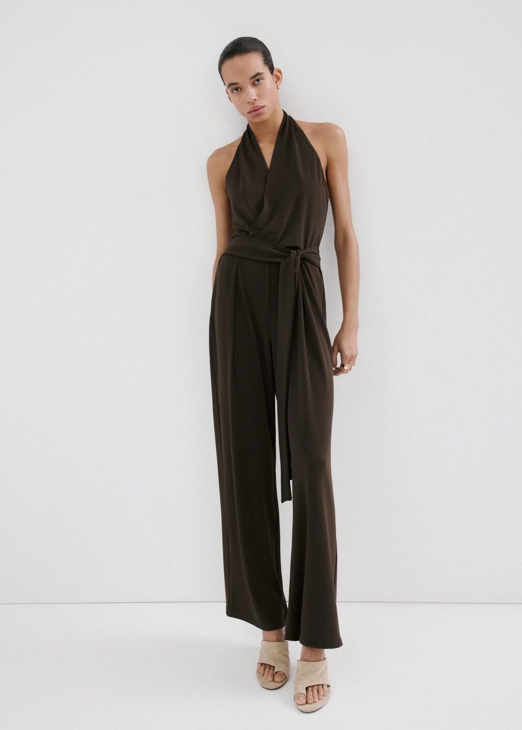 Brown Bow Wrap Jumpsuit, Brown, large image number 0