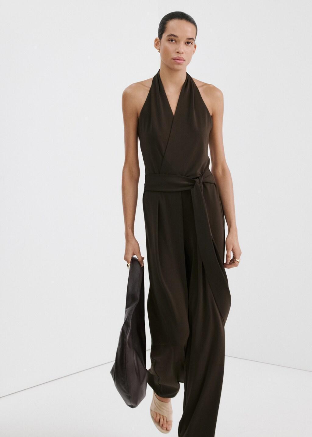 Brown Bow Wrap Jumpsuit, Brown, large image number 3
